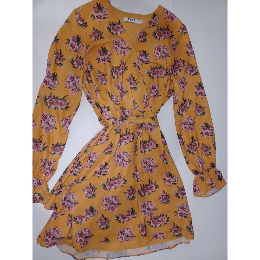 NA-KD Dress Womens‎ 38 Yellow Floral Long Sleeve Belted Mini Wrap Boho Spring